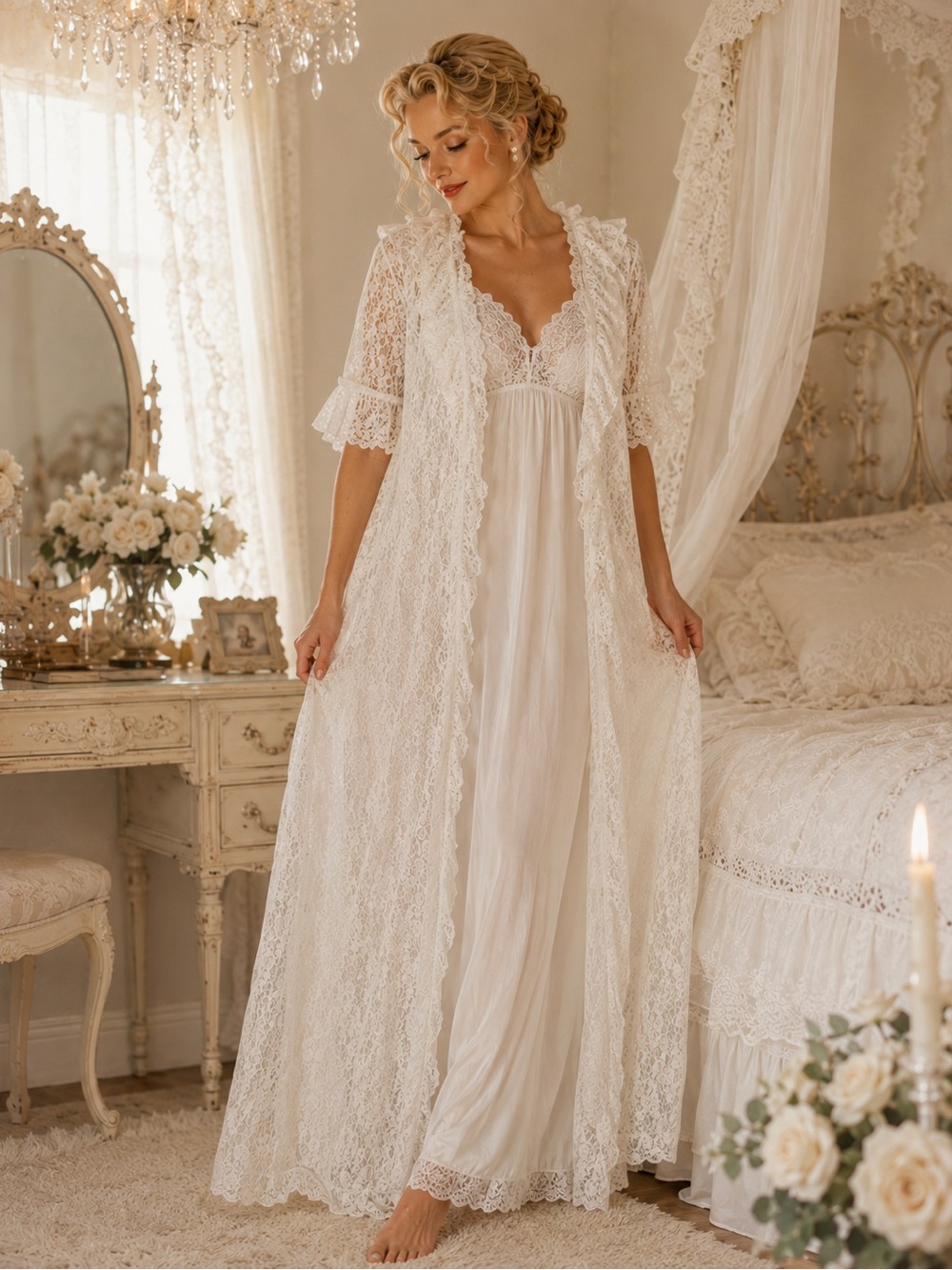 Vintage Intime California Lace Maxi Robe Duster Dressing Gown Wedding Ivory